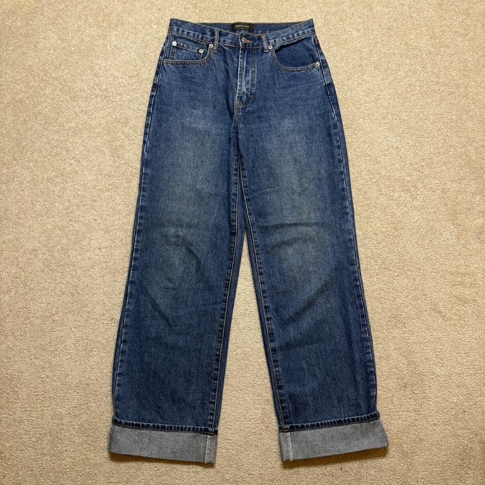 White Fox Jeans Womens Small 29x31 Blue High Rise Straight Wide Leg Cuffed Denim